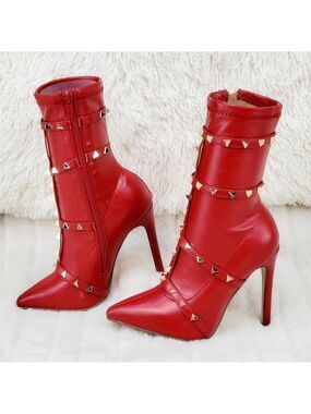 Mark Sexy Stud Strap High Heel Pointy Toe Ankle Boots Red